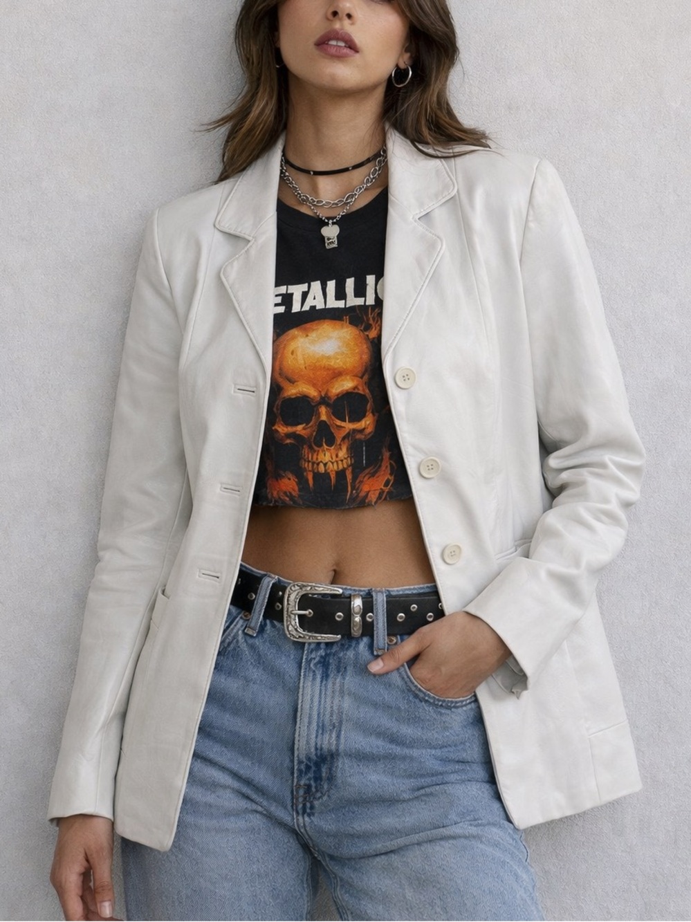 MS. Maxima Cream/White Leather Blazer Jacket
